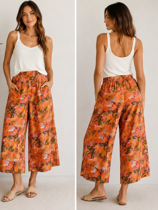 C&C California Pants - C&C California Orange Tropical Print Wide Leg Pants Size Large